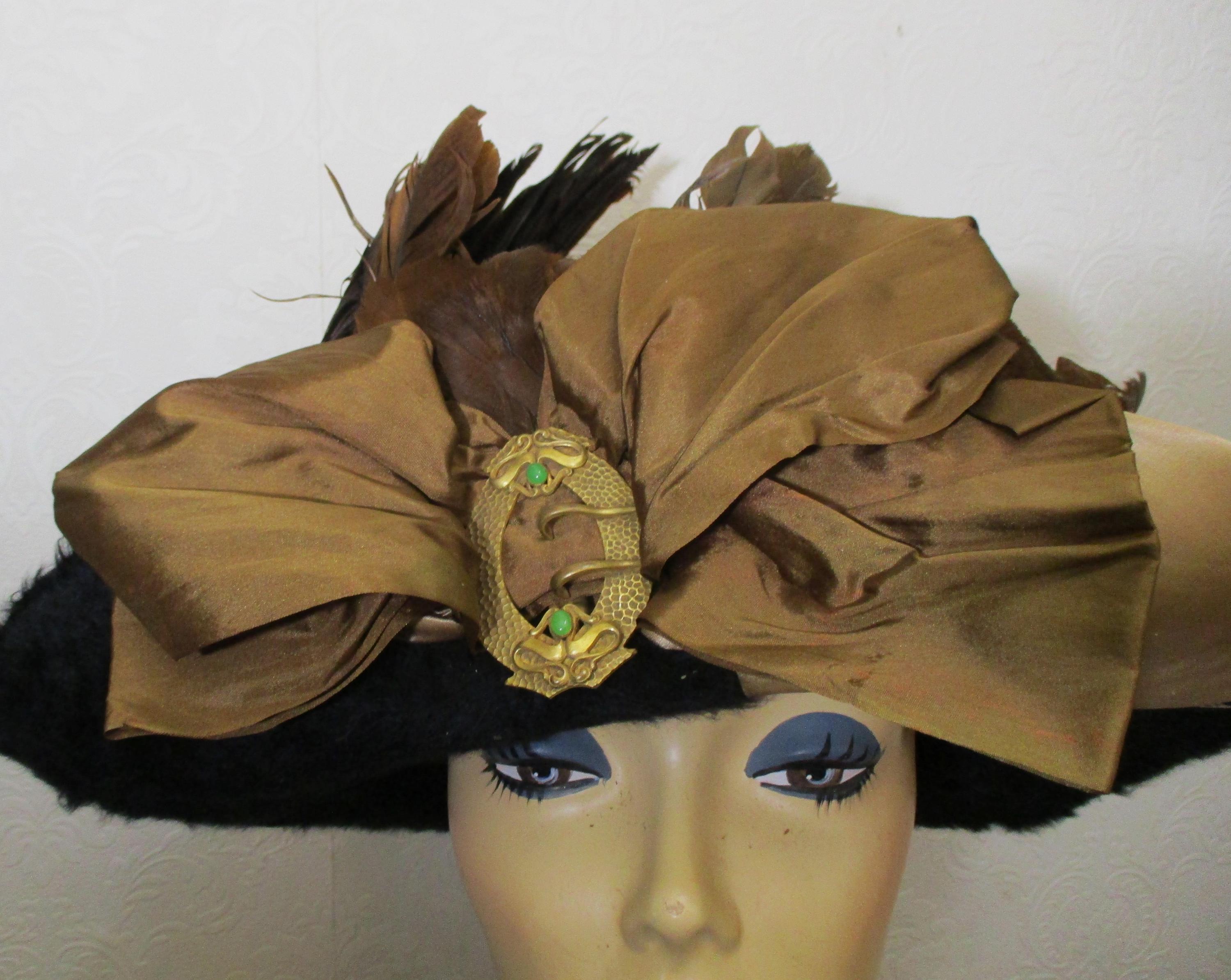 Ladies Antique Edwardian Circa 1910 Black Beaver Fur Hat 