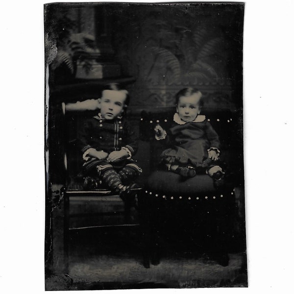 Original Antique Circa 1860's Tintype Photograph of Two Children of the Civil War Wearing Their Sunday Best Clothing (1 of 2)