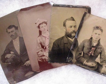 4 Original Antique Circa 1870 American Victorian Tintype Photographs, Portraits of 2 Men and 2 Women in Period Clothing, 4 Piece Lot