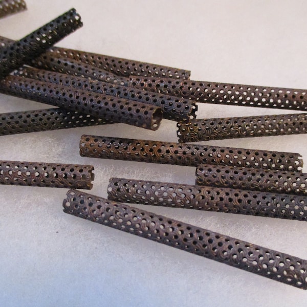 Vintage Brass Tube Bead: Swirled Pattern Hollow Perforated Openwork, 51mm Long and 5.5mm Thick, 1 Unique Tube Bead