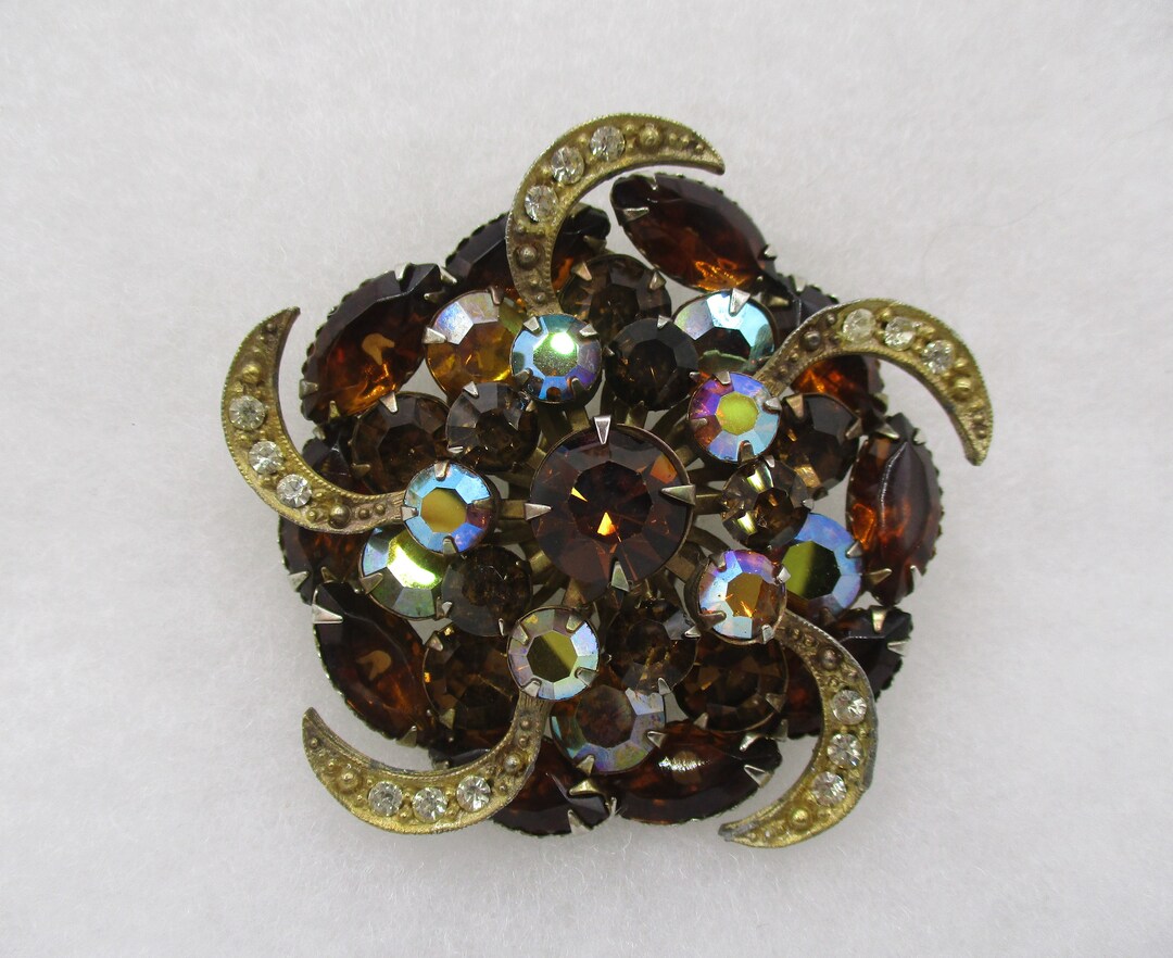 Broche Vintage JACKY DE G Cœur Et étoile Strass Ambré - Résine Dorée, Très Bel état