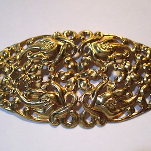 Gold Plated Brass Floral Filigree Focal/Medallion/Stamping/Jewelry Finding/Component, 3 3/4&quot; x 1 3/4&quot;, Dapt not Flat. 1 Pc.