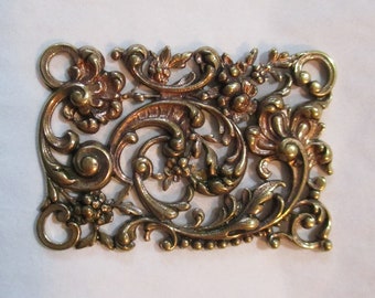 French Die Struck Brass Scrolled Leaf Filigree Jewelry Component/Finding/Connector Link, 38mm by 27mm, Flat Back Side, 1 Piece