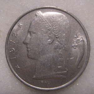 Vintage 1972 Coin, Belgium, 5 Franc, Head of Ceres/Cornucopia, 24mm Size