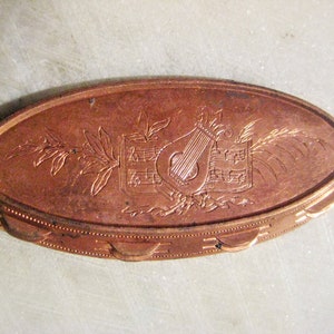 Vintage French Tambourine Brass Stamping; Detailed Etched Music Theme Design, Jewelry Finding, Embellishment, Decoration, 59x28mm, 1 Pc.