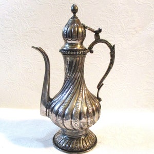 Antique Middle Eastern/Egyptian .900 Silver Dallah Coffee Pot with Base, Marked &quot;900&quot; &quot;GUL&quot;. Measures 10 1/2 Inches Tall, Weighs 623 Grams