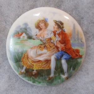 vintage Limoges #45 Lovers de style victorien photo pierre/Cabochon, verre blanc avec motif de transfert, composant de bijoux, rond 46 mm, 1 pc. (1)