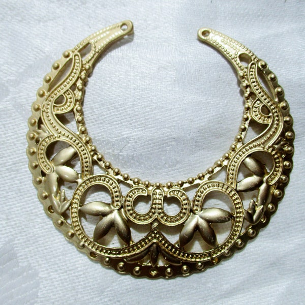 Vintage Filigree Open Work Crescent Stamping/Finding/Focal/Embellishment/Jewelry Component, Satin Gold Finish Stamped Brass, 73x72mm, 1 Pc.