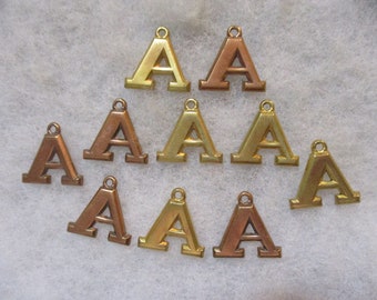 Vintage Monogram Stampings, 1950s Letter "A" Charms, Brass Jewelry Components/Findings, Decorative Trim, Embellishment, 16x16mm, 10 pieces