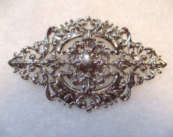 Vintage Imitation Rhodium Plated Filigree  Jewelry Component,/Embellishment, 2 7/8 Inch by 1 3/4 Inch, 1 Pc