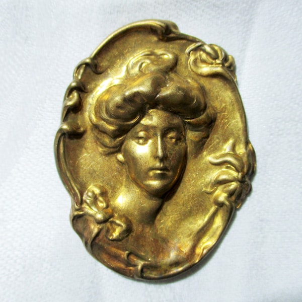 Vintage Gibson Girl Cameo Brass Stamping/Jewelry Component/Embellishment/Decoration/Trim, 55 x 43mm, 1 Pc.