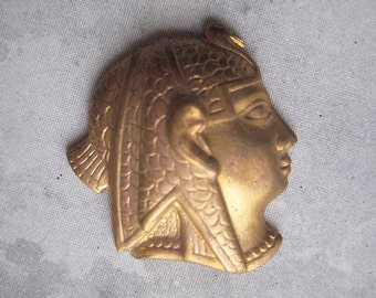 Vintage Egyptian Revival Pharaoh Queen, Stamped Raw Brass Cameo Cabochon, Jewelry Finding or Altered Art Supply, 26x23x5mm, 1 pc.