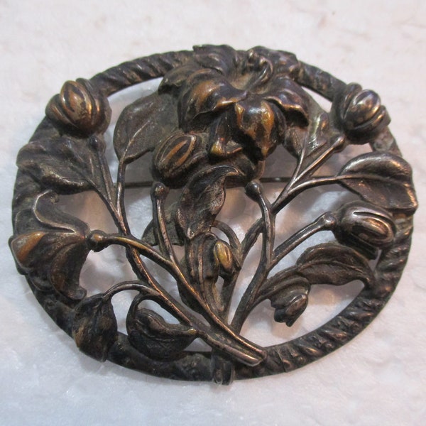 Antique Edwardian Floral Design Brooch Pin; Gently Worn Finish on Base Metal with Patina, Original Authentic, 2 1/2" x 2 1/8", 1 Brooch
