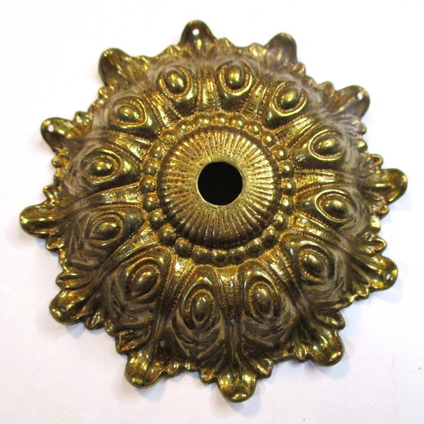 1 Vintage Ornate Cast Brass Victorian Style Lamp Bobeche/Canopy Fitting/Replacement Rosette/Repurpose Component/Hardware, 4 1/8 Inch, 1 Pc.