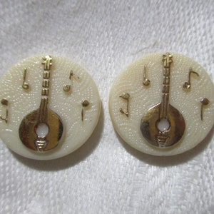 Vintage Musical Instrument; Banjo,  18mm Round Ivory Glass w/ Gold Paint Cabochons/Cuff Link Toppers, Made In West Germany, 1 Pair