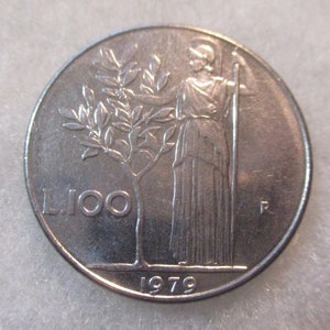 Italy, 1979 Vintage Repubblica Italiana, 100 Lire Coin, Standing Minerva and Olive Tree, Mint Mark R