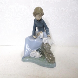 Vintage 1987 Nao by Lladro - Daisa #1026  Girl With 3 Rabbits, Handcrafted Hand Painted Collectible Fine Porcelain Figurine (CRMI)