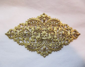 Vintage Lacy Filigree Dapt Brass Bohemian Style Focal/Centerpiece Stamping, Jewelry Component/Finding, 3" by 1 3/4", 1 Quality Piece