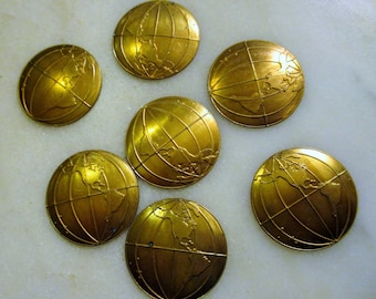 Vintage Stamped Brass World Globe Jewelry Components/Findings/Embellishments/Decorations, Old Stock, Shallow Dome Round 25mm, 7 Pieces
