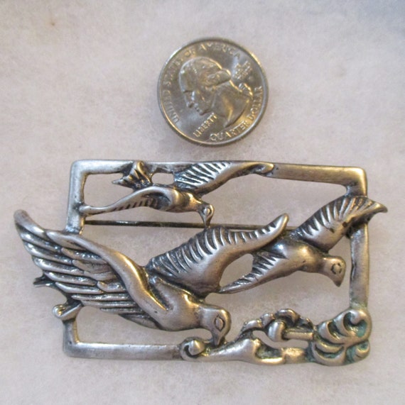 Vintage Heavy Cast Sterling Silver Birds in Fligh… - image 6