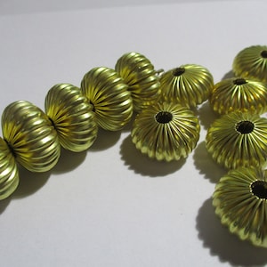 Vintage Corrugated Brass Rondelle Beads; Hollow Corrugated, Bright Brass Tone, 20mm x 12mm, 3.5mm Hole, 10 Pieces