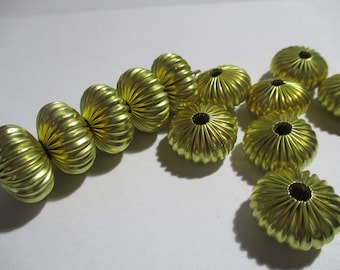 Vintage Corrugated Brass Rondelle Beads; Hollow Corrugated, Bright Brass Tone, 20mm x 12mm, 3.5mm Hole, 10 Pieces