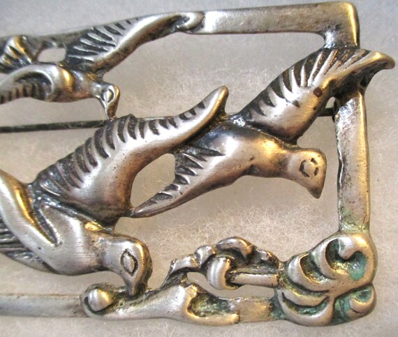 Vintage Heavy Cast Sterling Silver Birds in Fligh… - image 2