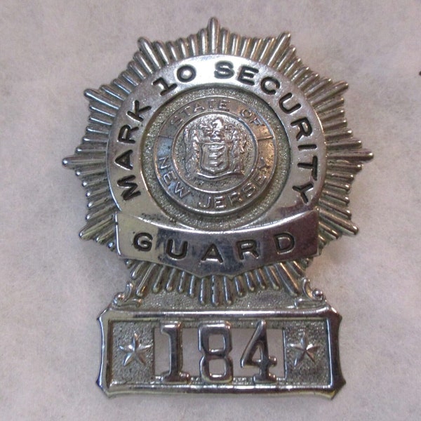 Vintage Mark 10 Security Guard Obsolete Metal Hat Cap Uniform Badge #184, 2 3/4 inches by 2 1/4 inches  1 Pc. (CRMI)