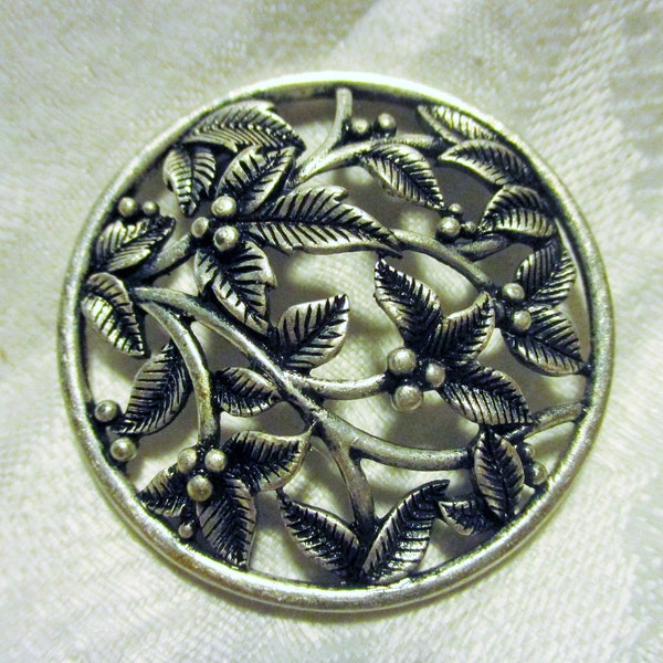 Leaf & Berry Design Open Work Silver Plate Cast Metal Medallion/Jewelry Component/Pendant Focal/Brooch Pin Topper, Round 40mm, 1 Pc.