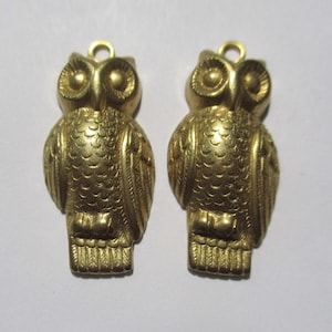 May include: Two gold-colored owl charms. Each charm is a detailed, three-dimensional representation of an owl, with textured feathers and large, round eyes. The charms have a small loop at the top for hanging.