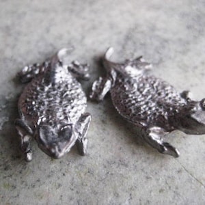 Könnte beinhalten: Zwei silberfarbene Metallfiguren eines Kröten oder Frosches, jede mit einer strukturierten Oberfläche und detaillierten Merkmalen.