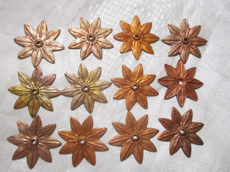 Vintage Copper Coated Stamped Steel Flower Blossom EmbellishmentsJewelry Components 2mm Center Hole 31mm Size 12 Pieces
