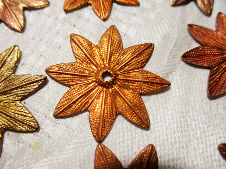Vintage Copper Coated Stamped Steel Flower Blossom EmbellishmentsJewelry Components 2mm Center Hole 31mm Size 12 Pieces