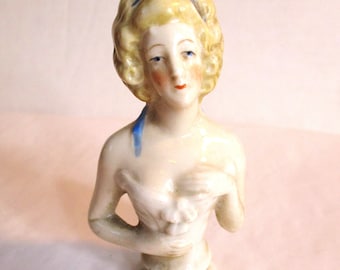 Vintage Pin Cushion Doll Torso, Hand Painted Porcelain, German, Doll Making Supply, Boudoir Décor, 3 1/8 Inches Tall