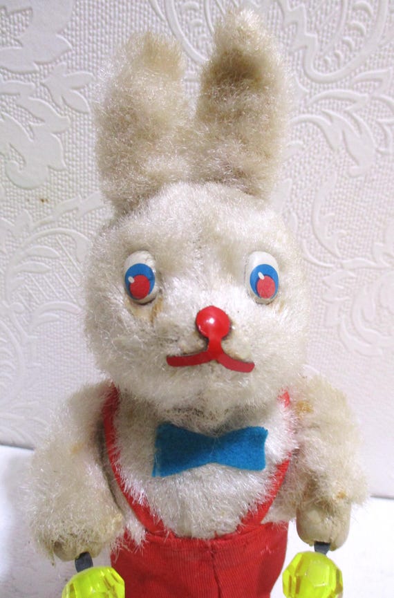 小物 traditionalwhetherwearFOLDINGBAMBOOMINI Vintage Japan Tin & Plush Wind up Rabbit Toy With Maracas, 7