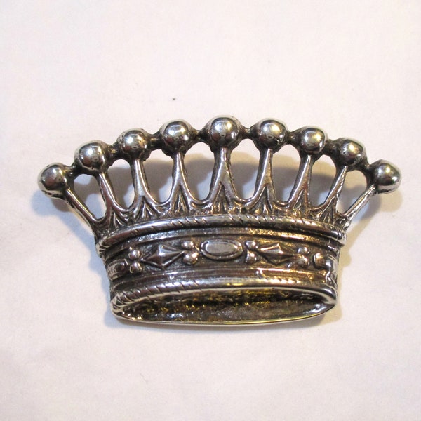 Vintage Cast "Sterling" Silver Open Work Crown Brooch Pin,  15.1 Grams, 53mm by 29mm, 1 Pc. (CRMI)