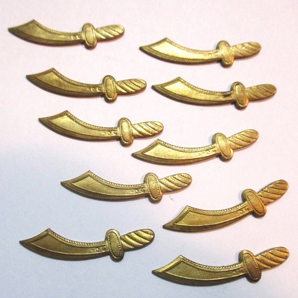 Vintage Renaissance Battle Sword Die Struck Brass Stampings, Gothic Medieval Knight Weapons Ren Faire Jewelry Components, 29x6mm, 10 Pieces
