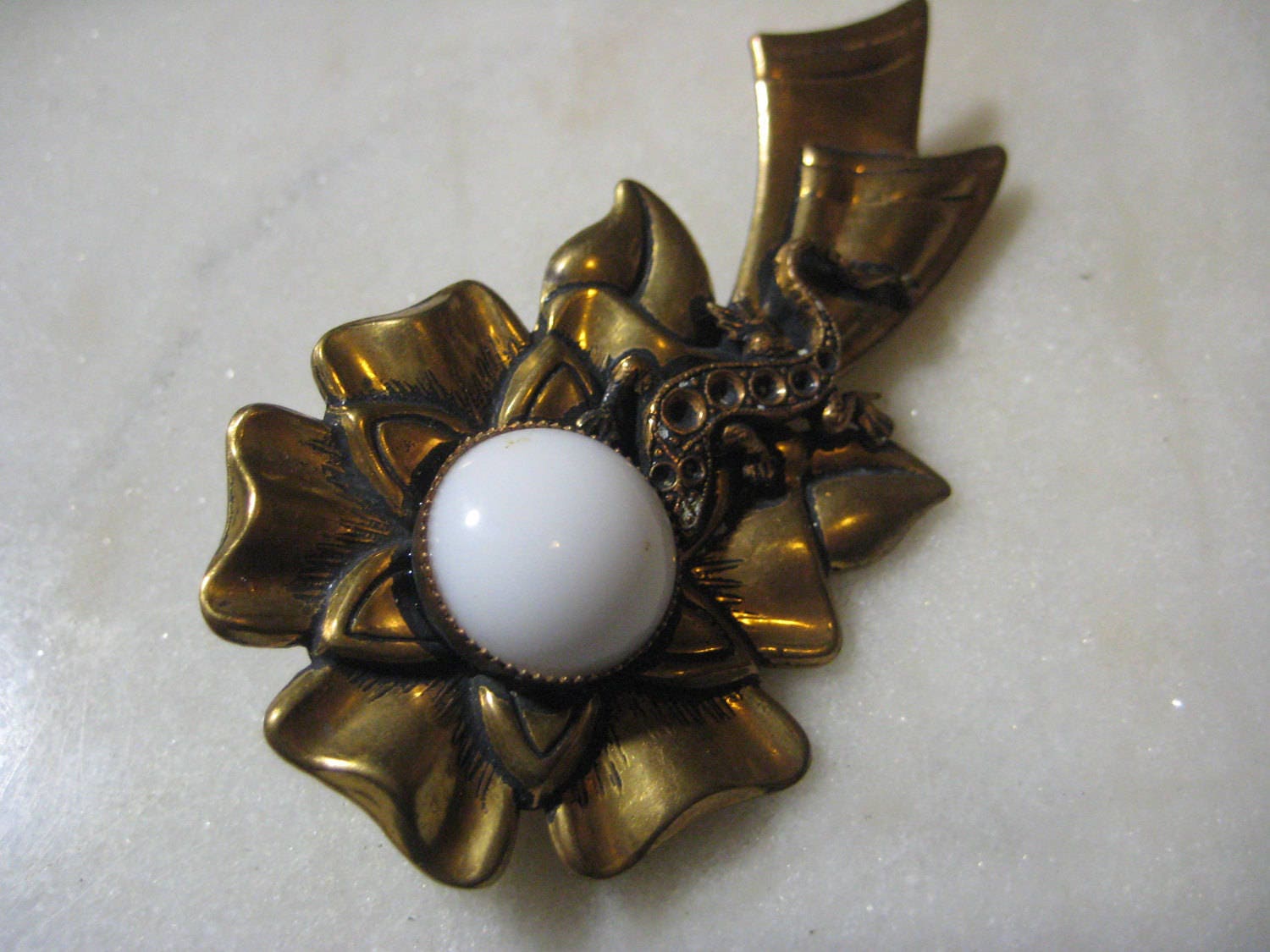 Vintage Flower Brooch Pin Stamped Brass Ribbon & Lizard | Etsy