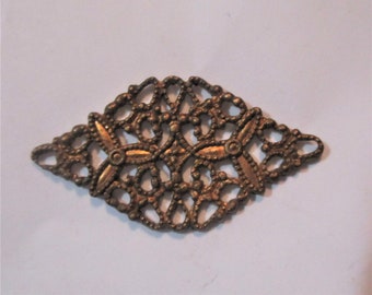 Vintage French Filigree, 1930s Connector/Earring Drop/Bracelet Link/Jewelry Component, Die Struck Raw Brass, 2 Loop,  32x17mm 1 pc.