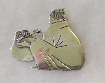 Vintage Signed Allison Snowhawk Lee Sterling Silver Brooch Pin, Native American/Navajo Women Potter, 2 5/8 Inches by 2 1/4 Inches, 1 Pc.