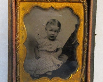 Original Antique Circa 1860's Ambrotype Photograph, Portrait Of Baby Girl "Lizzie Britt", Brass Matte, As Found w/ 1/2 Case (CRMI)