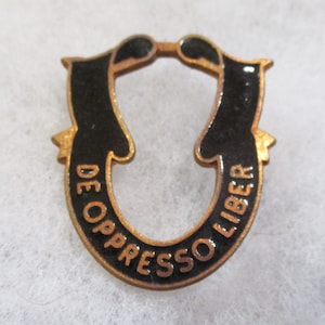 Vintage U.S. Army Special Forces De Oppresso Liber Lapel/Hat Pin/Badge Pin, Sin puntas, Esmalte en latón, Old Stock, 1 1/8" por 1", 1 pieza