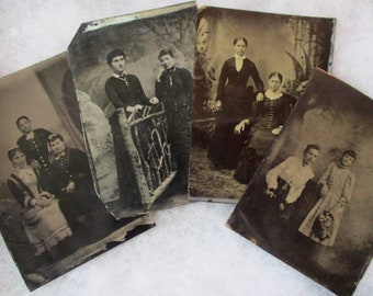 4 Original Antique Circa 1870 American Victorian Tintype Photographs, Family/Young Girls/Boy, Period Clothing, 4 Piece Lot