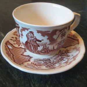 Vintage &quot;Alfred Meakin&quot; Brown Transferware Cup and Saucer &quot;Fair Winds&quot; Staffordshire England, 1 Set