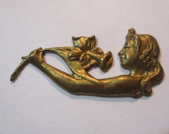 Vintage Art Nouveau Girl Smelling A Daffodil Flower Brass Stamping/Jewelry Component/Embellishment/Scrapbooking Supply, 40mm x 20mm, 1 Pc.
