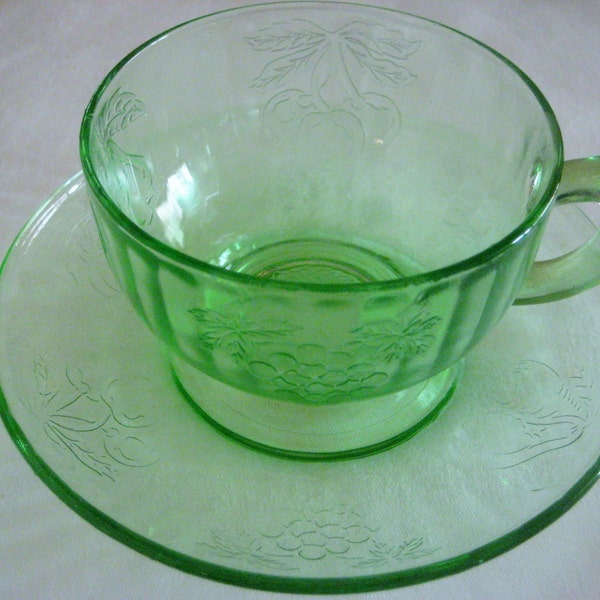 Vintage Hazel Atlas "Fruits" Pattern Green Depression Glass, Cup and Saucer, Luncheon Cup and Saucer,  1 Set