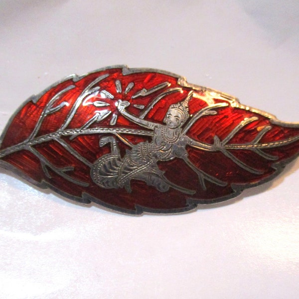 Vintage Sterling Silver & Red Enamel Niello Siam Siamese Leaf Shape Exotic Dancer Brooch Pin, Circa 1950's, 68mm by 29mm, Old Thailand (MOS)