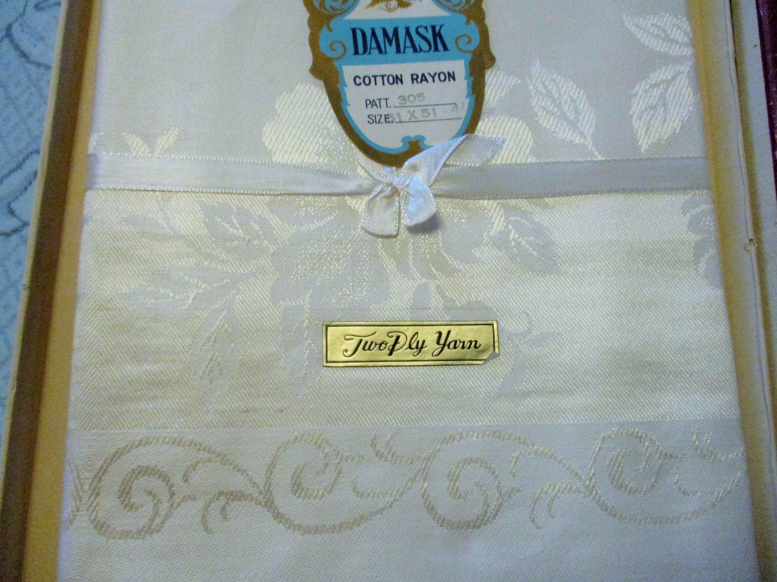 Vintage Imported Damask Unused Tablecloth & Napkins, Original Package and Tags,  51" x 51" Tablecloth, Four 11" Square Napkins, 5 Pc. Set