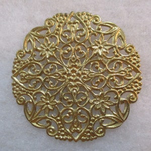 Detailed Vintage Flat Stamped Brass Round Lacy Filigree 2 Inch Disk/Medallion, Jewelry Component/Embellishment/Decoration/Trim, 1 Piece (jj)