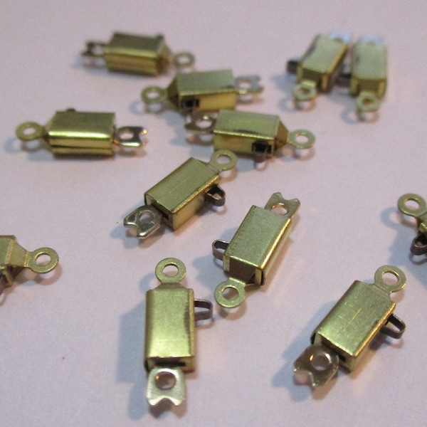 10 Vintage Stamped Brass Necklace Clasps/Components/Jewelry Findings, Unused Old Stock, 10mm by 3.5mm, 2 Loops, 10 Pieces.